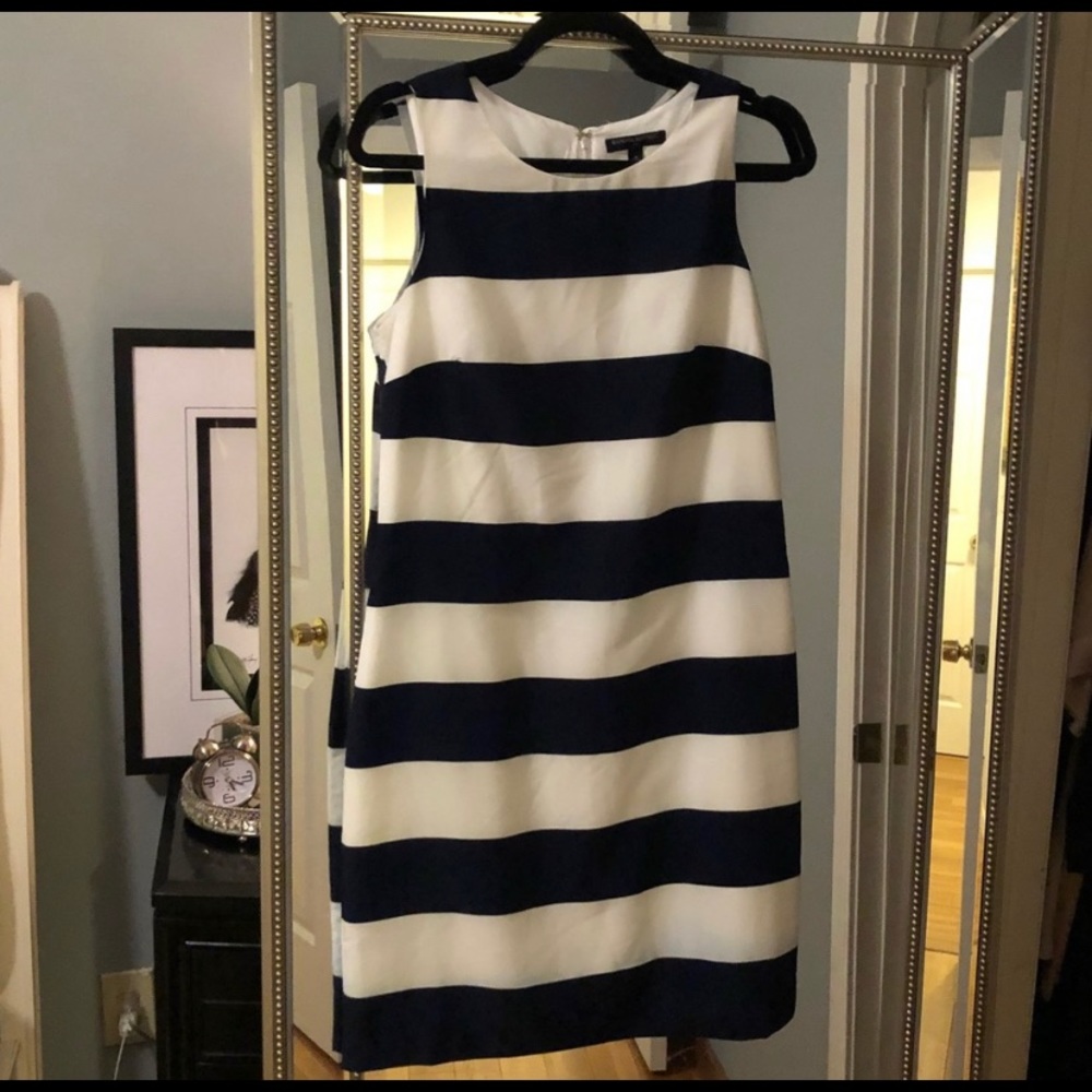 Navy/white stripe sleeves shift dress.